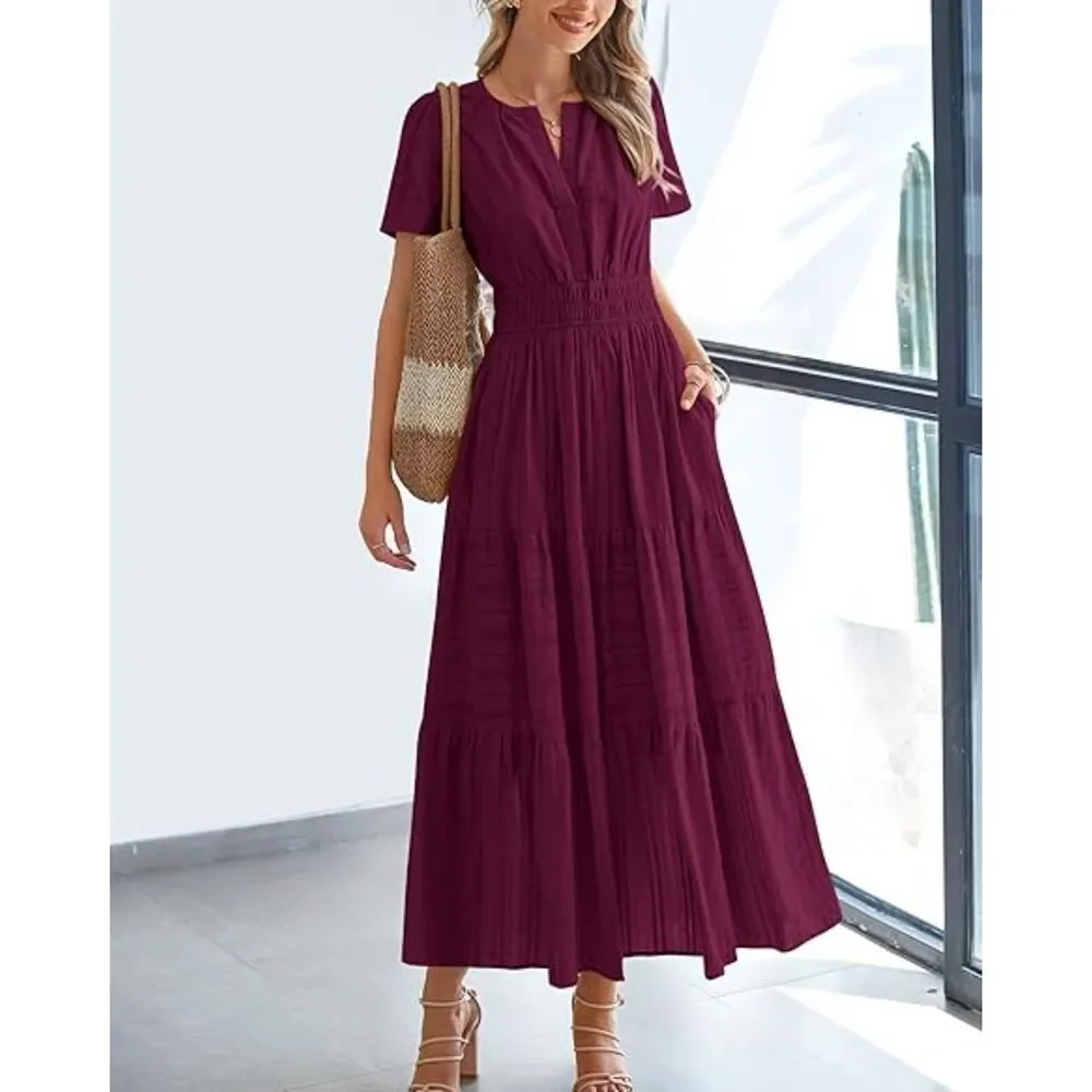 Women's Wine Red V Neck Short Sleeve A Line Summer Casual Maxi Dress Pockets